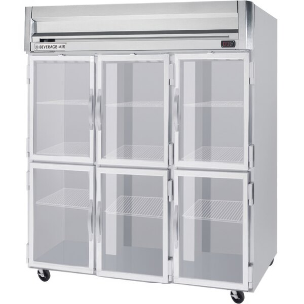 A Beverage-Air white refrigerator with glass half doors.