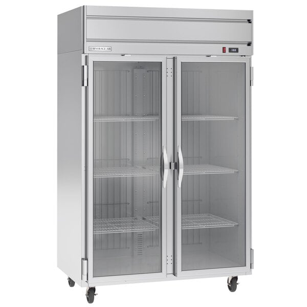 A Beverage-Air Horizon Series glass door reach-in freezer on wheels.