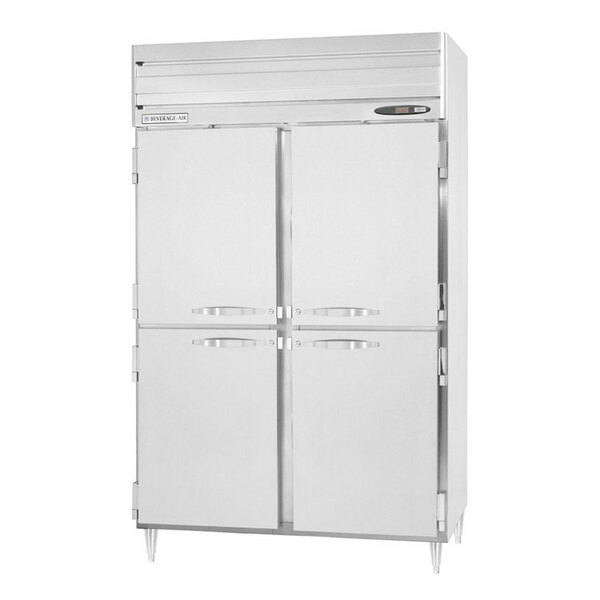 A stainless steel Beverage-Air pass-through refrigerator with two half doors.