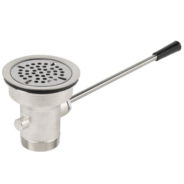 A stainless steel 3 1/2" sink drain with a lever handle.