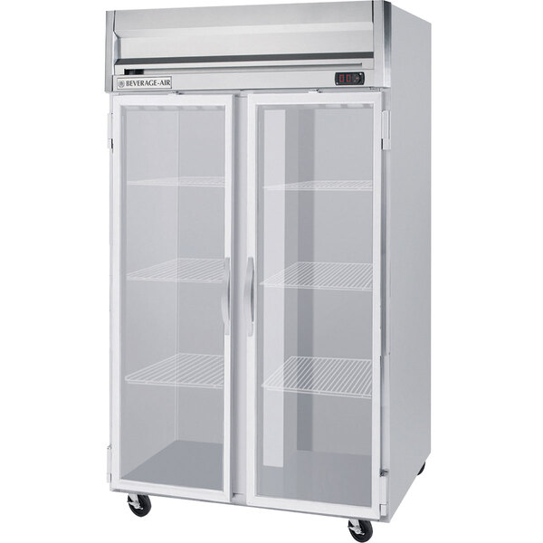 A Beverage-Air Horizon Series glass door reach-in refrigerator.