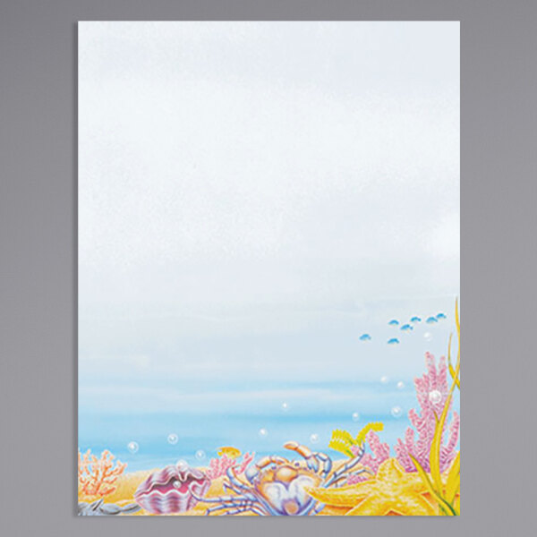 Menu paper with a white background and a seafood themed ocean design including sea creatures and a coral reef.