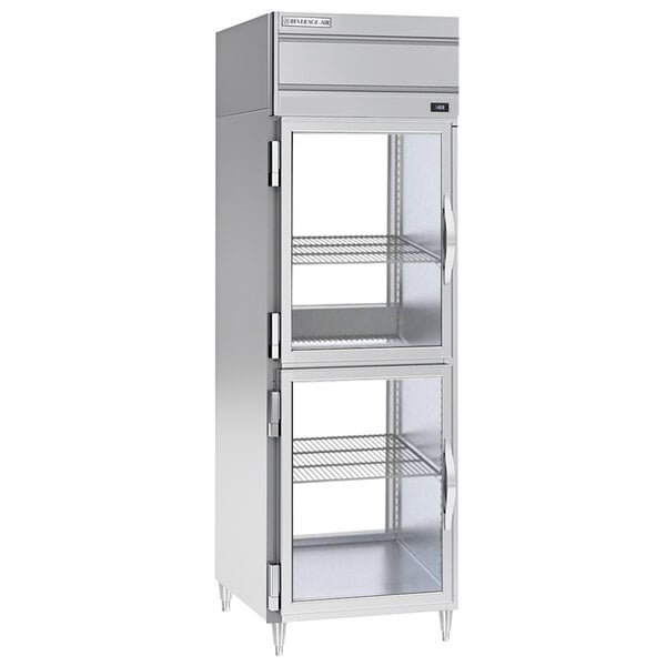 A Beverage-Air stainless steel pass-through refrigerator with glass half doors.