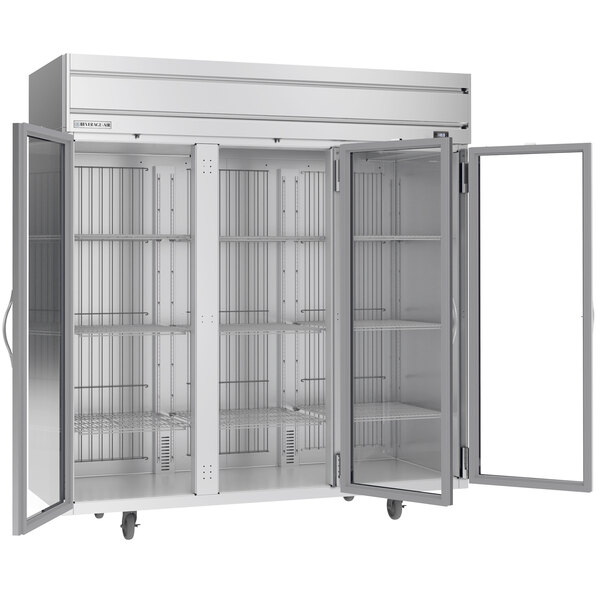 A Beverage-Air stainless steel reach-in freezer with glass doors open.