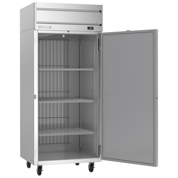 A white Beverage-Air reach-in freezer with an open door.