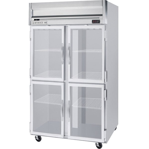 A Beverage-Air white reach-in refrigerator with glass half doors.