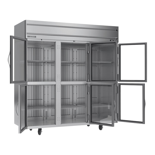 A Beverage-Air Horizon Series reach-in freezer with glass half doors.