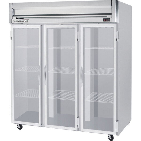 A white Beverage-Air reach-in refrigerator with glass doors and shelves.