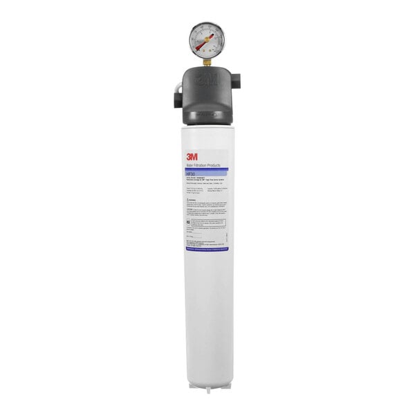 A white 3M water filtration system cylinder with a pressure gauge on top.