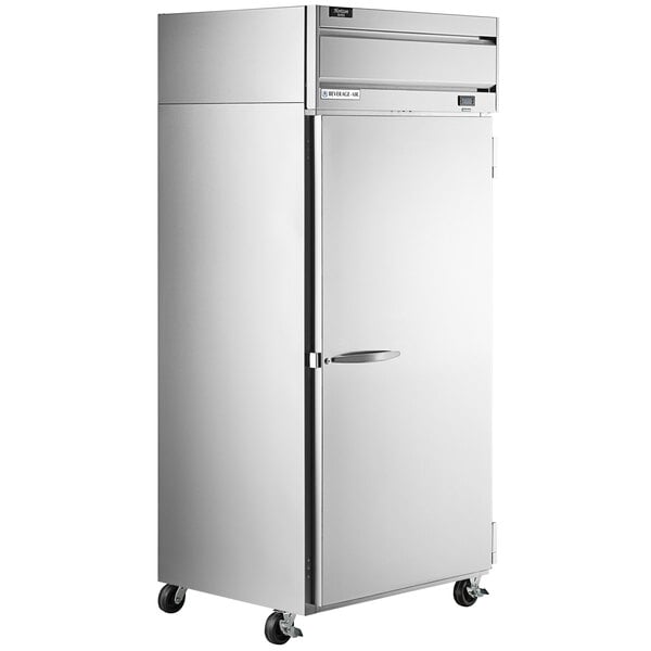A silver Beverage-Air reach-in refrigerator with a handle.