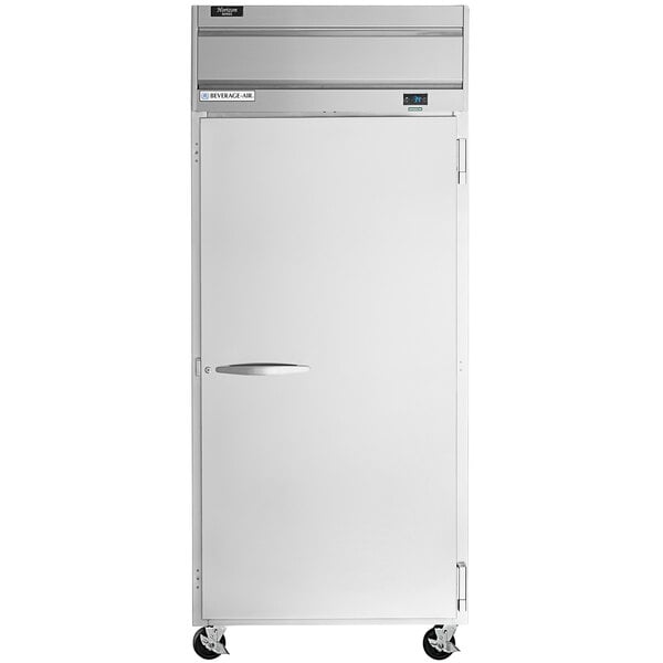 A white Beverage-Air reach-in refrigerator with a white door and a handle.