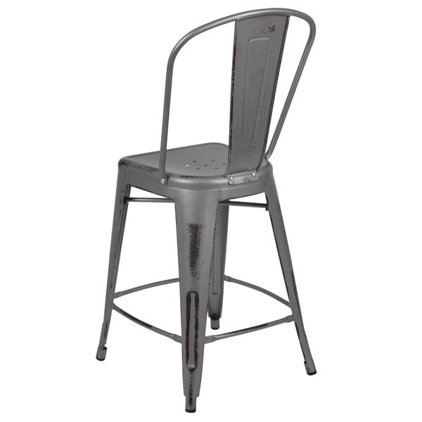 A Flash Furniture distressed silver metal counter height stool with a vertical slat back.