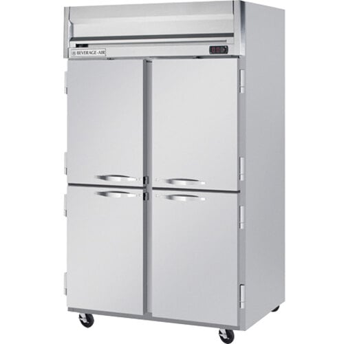 A white Beverage-Air reach-in refrigerator with half doors.