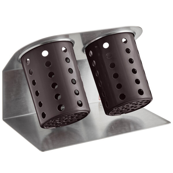 A Steril-Sil stainless steel flatware organizer with brown perforated plastic cylinders inside.