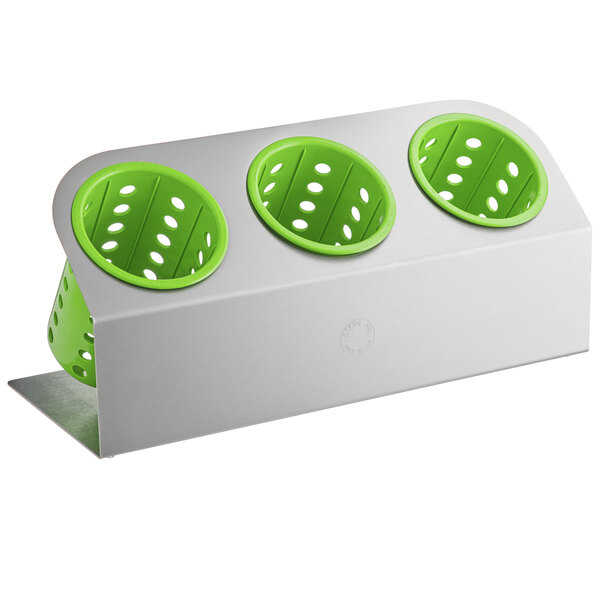 A silver and green container with lime green perforated plastic cylinders.