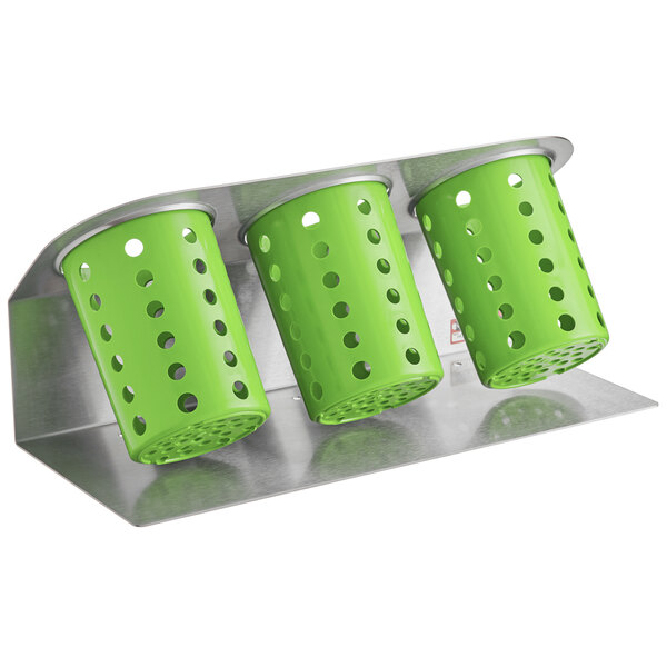 A Steril-Sil stainless steel flatware organizer with three lime green perforated plastic cylinders.