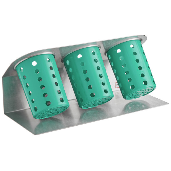 A Steril-Sil stainless steel flatware organizer with three green perforated plastic cylinders.