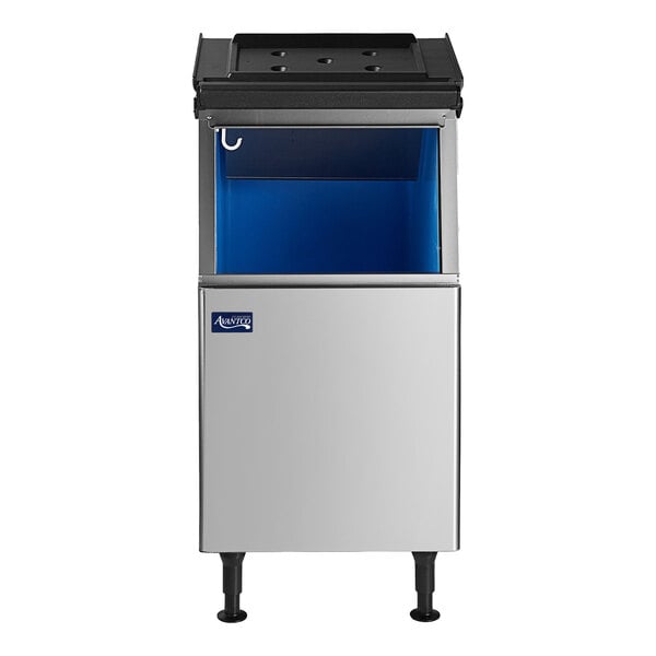 An Avantco stainless steel ice storage bin with blue glass doors.