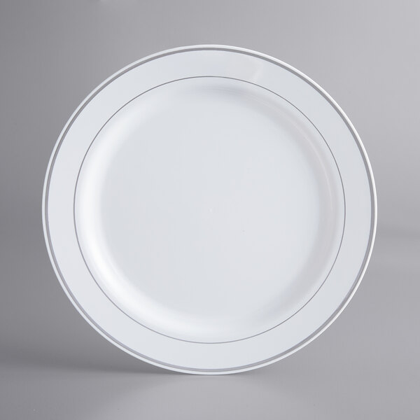 Visions 10 White Plastic Plate with Silver Bands - 120/Case