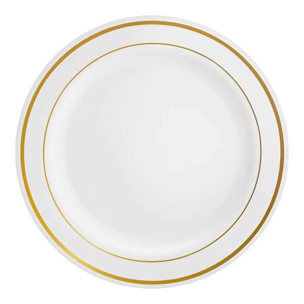 Visions Halo 7" White Plastic Plate with Gold Bands - 150/Case