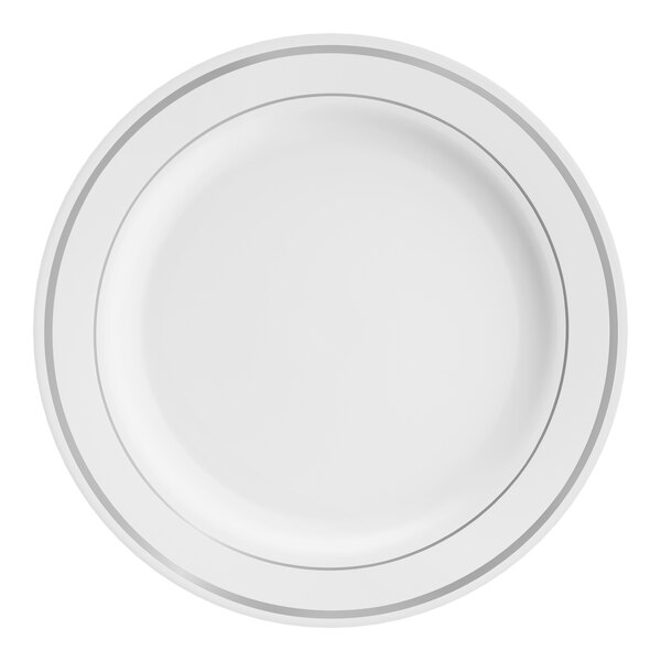 Visions Halo 9" White Plastic Plate with Silver Bands - 120/Case