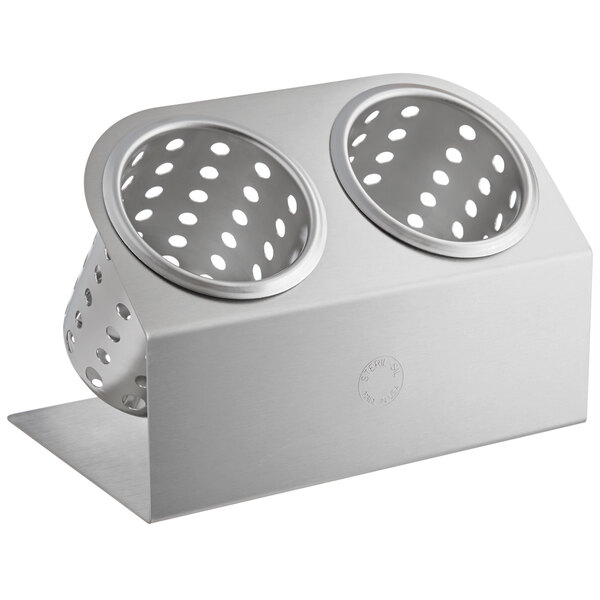 A Steril-Sil stainless steel flatware organizer with perforated stainless steel cylinders.