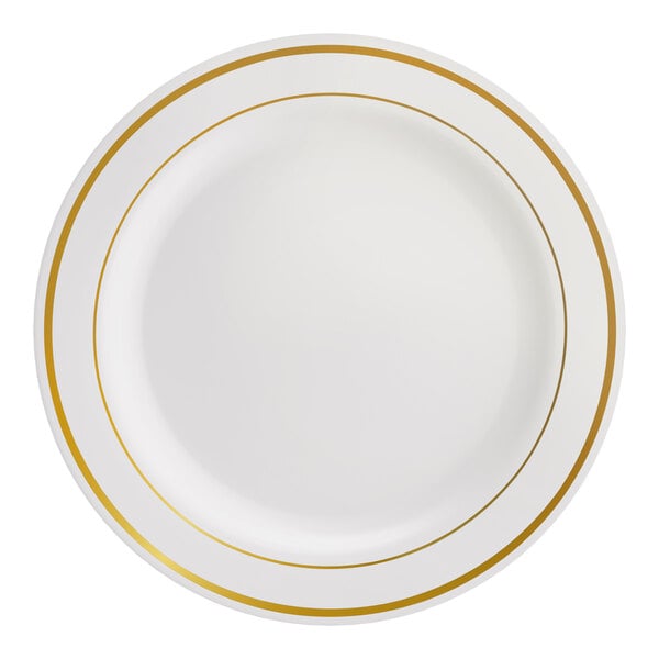 Visions Halo 10" Bone / Ivory Plastic Plate with Gold Bands - 120/Case
