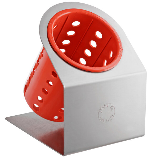 A Steril-Sil stainless steel flatware organizer with red perforated plastic cylinder inside.
