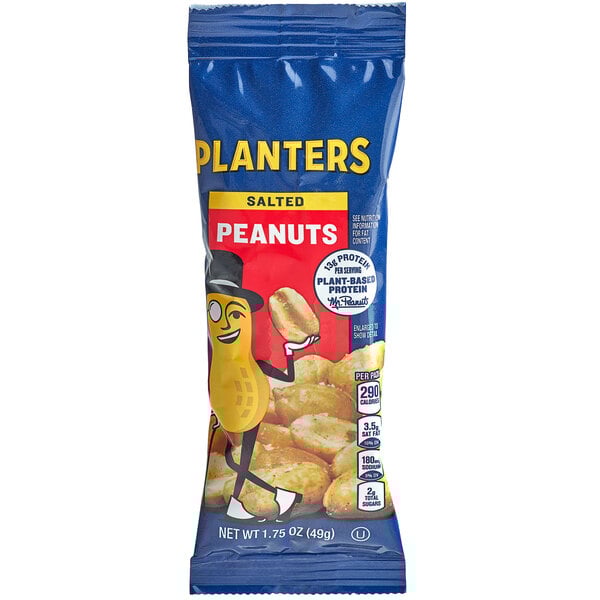 A blue Planters pouch of roasted salted peanuts.