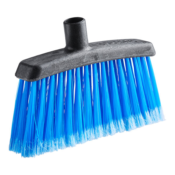 A blue and black Carlisle broom head with flagged bristles.