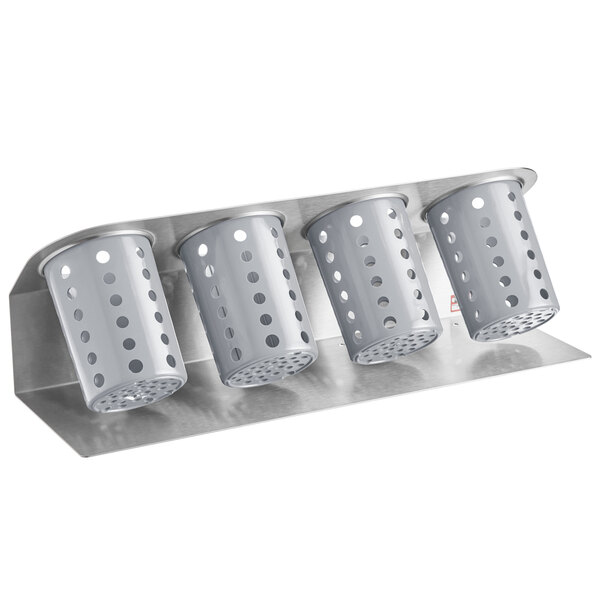 A Steril-Sil stainless steel flatware organizer with gray perforated cylinders.