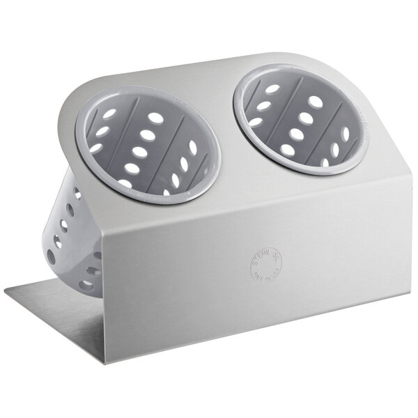 A white Steril-Sil stainless steel flatware organizer with gray perforated plastic cylinders.