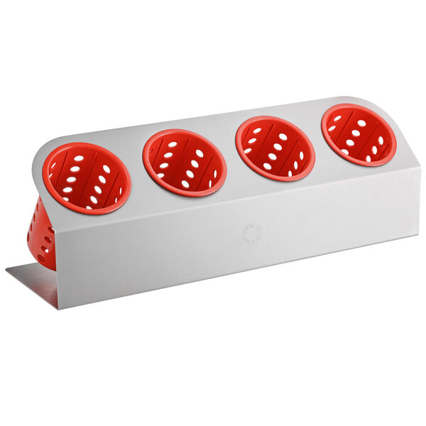 A silver rectangular Steril-Sil flatware organizer with red perforated plastic cylinders.