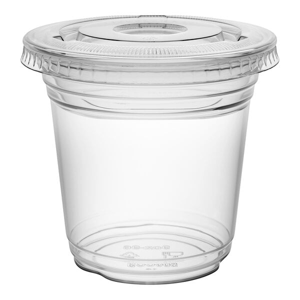 Choice 9 oz. Clear Plastic Squat Cold Cup with 4 oz. Insert and PET Flat Lid with No Hole - 100/Pack