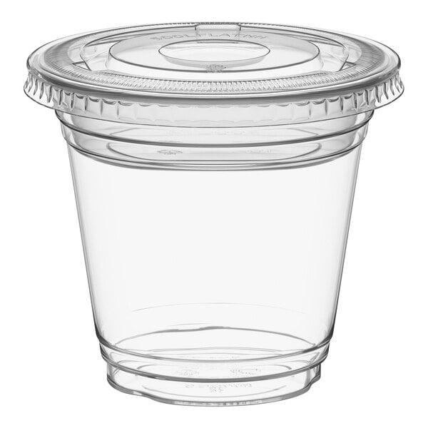 Choice 9 oz. Clear Plastic Squat Cold Cup with 4 oz. Insert and PET Flat Lid with No Hole - 100/Case