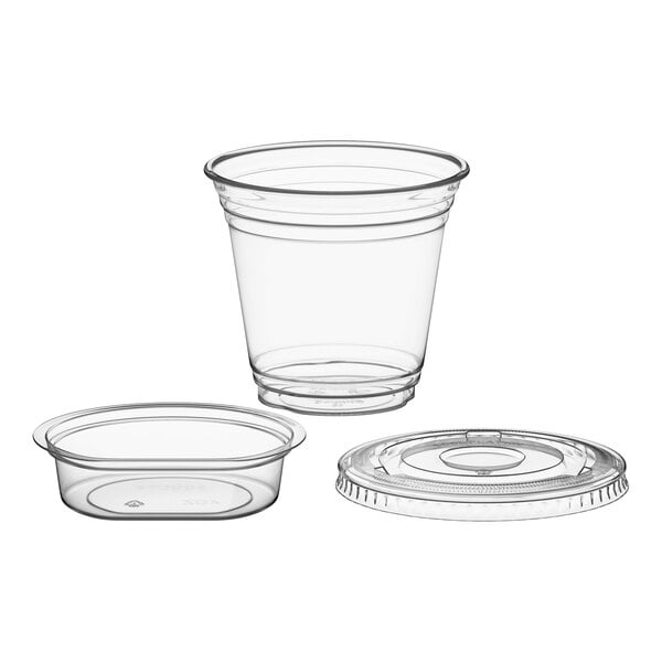 Choice 9 oz. Clear Plastic Squat Cold Cup with 4 oz. Insert and PET Flat Lid with No Hole - 100/Case