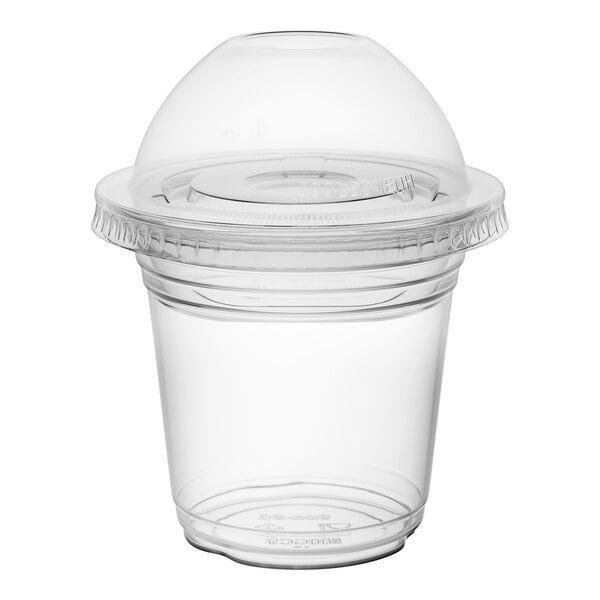 Choice 9 oz. Clear Plastic Squat Cold Cup with 4 oz. Insert and PET Dome and Flat Lids with No Hole   - 100/Pack