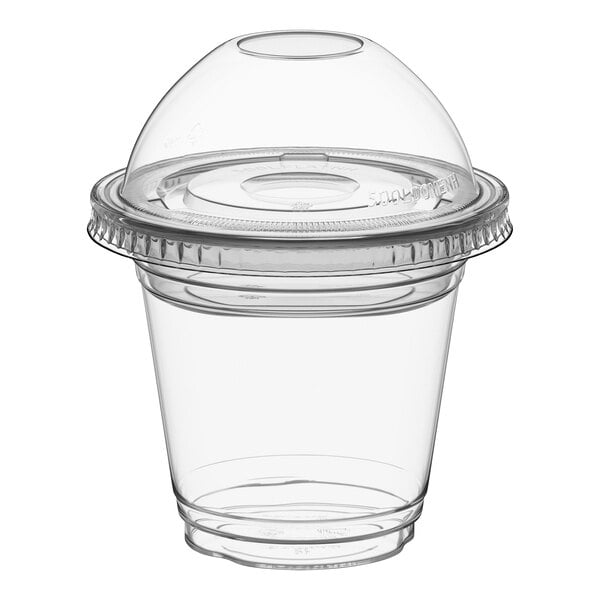 Choice 9 oz. Clear Plastic Squat Cold Cup with 4 oz. Insert and PET Dome and Flat Lids with No Hole - 100/Case