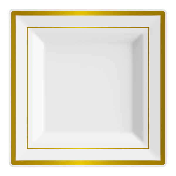 A square white plastic plate with gold bands along the border.