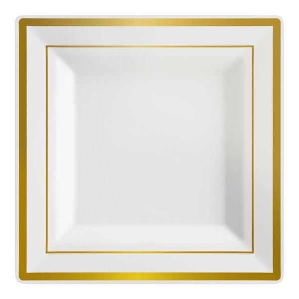 Visions Halo 6" Square Bone / Ivory Plastic Plate with Gold Bands - 120/Case
