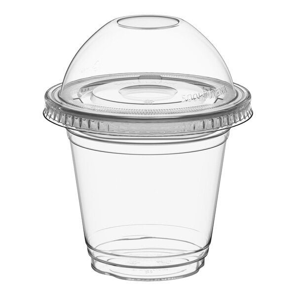 Choice 9 oz. Clear Plastic Squat Cold Cup with 2 oz. Insert and PET Dome and Flat Lids with No Hole - 100/Case