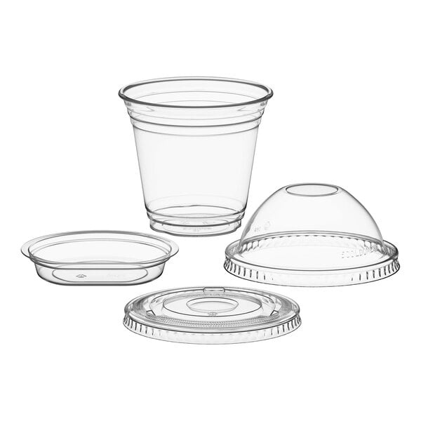 Choice 9 oz. Clear Plastic Squat Cold Cup with 2 oz. Insert and PET Dome and Flat Lids with No Hole - 100/Case