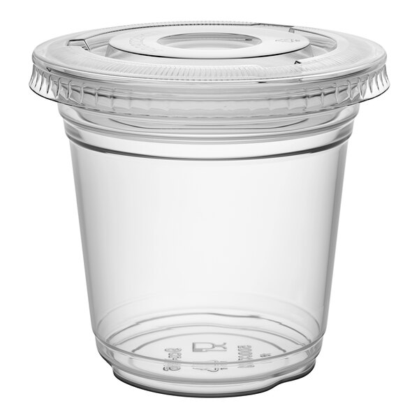 Choice 9 oz. Clear Plastic Squat Cold Cup with 2 oz. Insert and PET Flat Lid with No Hole - 100/Pack