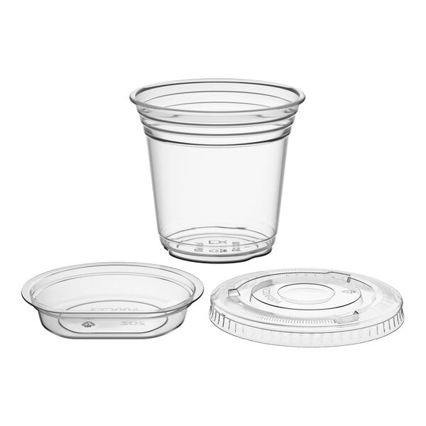 Choice 9 oz. Clear Plastic Squat Cold Cup with 2 oz. Insert and PET Flat Lid with No Hole - 100/Pack