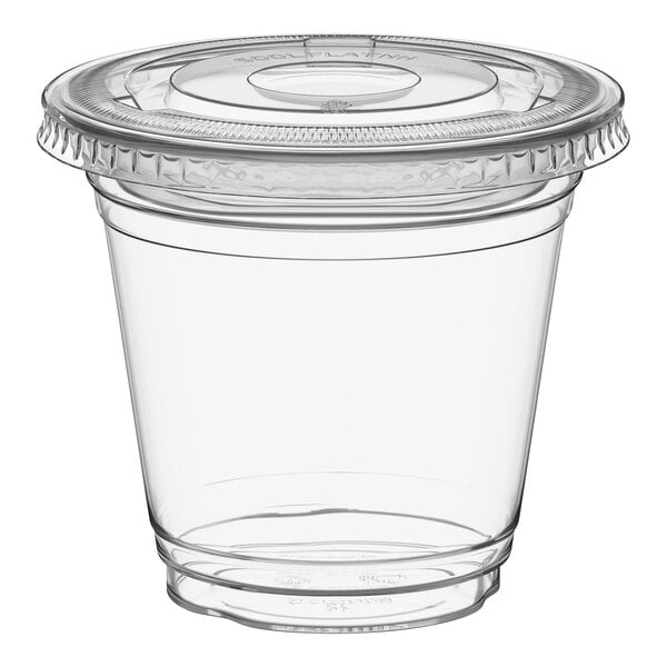 Choice 9 oz. Clear Plastic Squat Cold Cup with 2 oz. Insert and PET Flat Lid with No Hole - 100/Case
