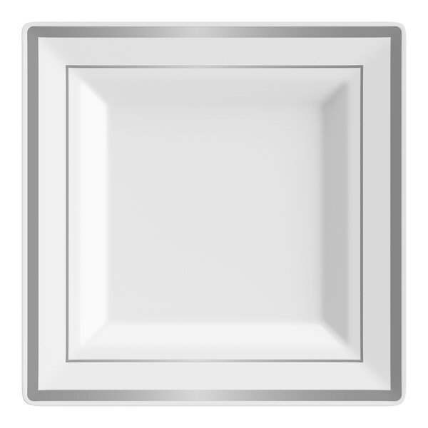 A white square plastic plate with silver bands along the edges.