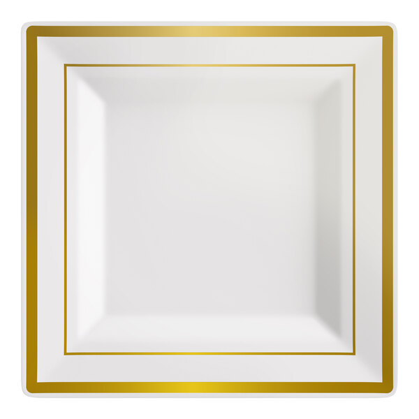 Visions Halo 8" Square Bone / Ivory Plastic Plate with Gold Bands - 120/Case