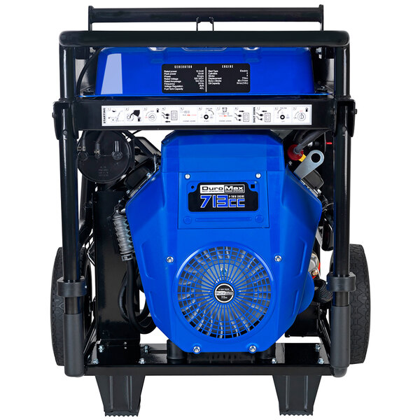 A blue DuroMax portable generator with a wheel kit.