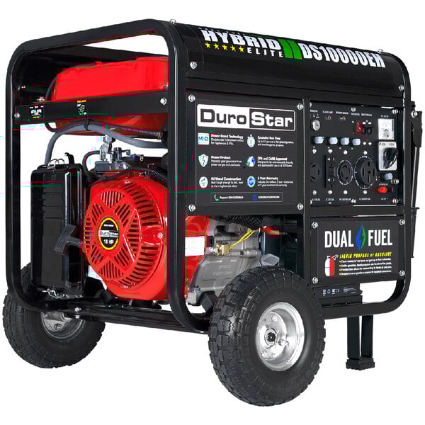 A DuroStar portable generator with a red engine on a white background.