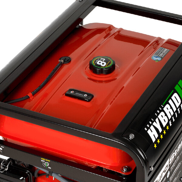 A close up of a red and black DuroStar portable power generator on a white background.